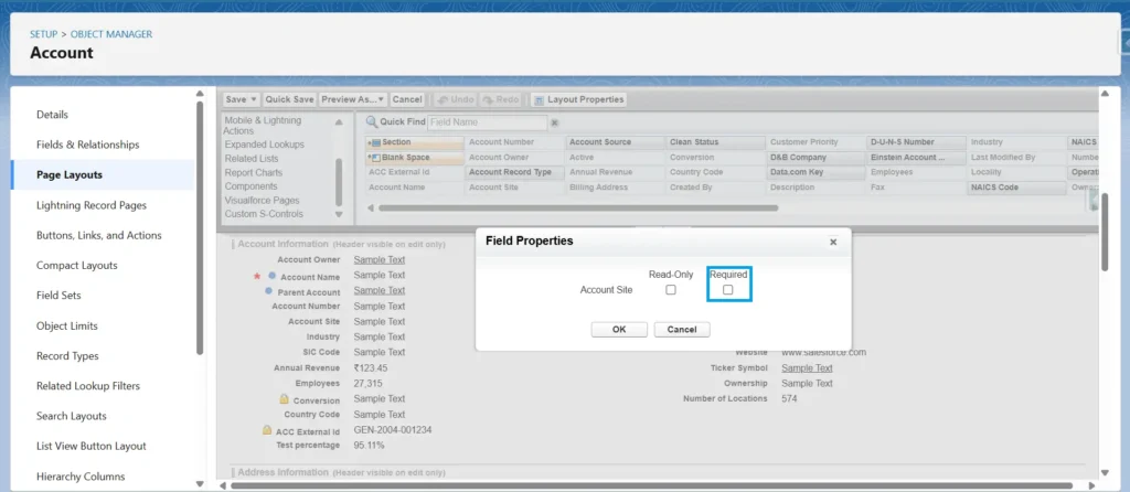 Mark fields in salesforce as required using Page Layout