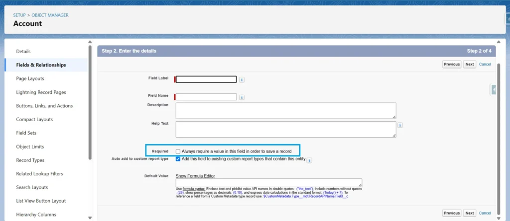 Mark fields in Salesforce as required while creating a field