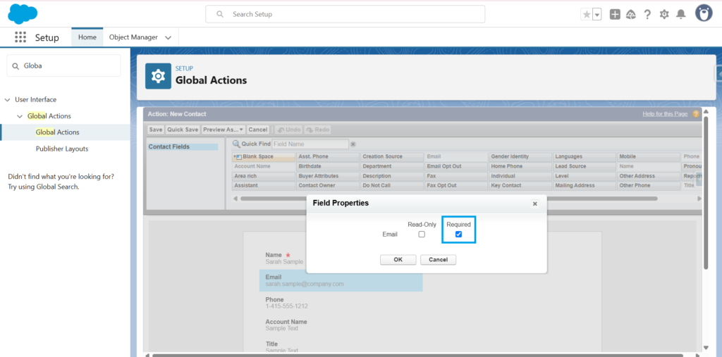 Mark fields in Salesforce as required using Global actions